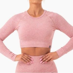 Ryderwear Pink White Heathered Ribbed Seamless Long Sleeve Cropped Top NWT XS